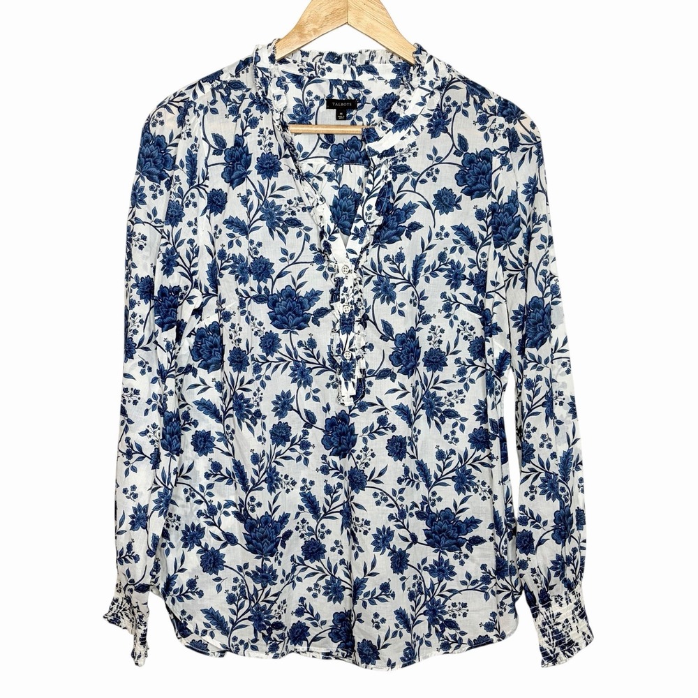 Talbots Blue And White Floral Print Blouse Top Womens Size M Cottagecore Ruffled